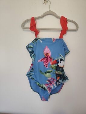 Oasis Blue Tropical One-Piece Swimsuit with Red Ruffle Straps